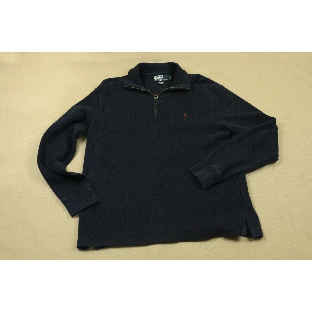 Polo Ralph Lauren Men’s Sz M 1/4 Zip Sweater Navy Blue Cotton Red Pony Logo